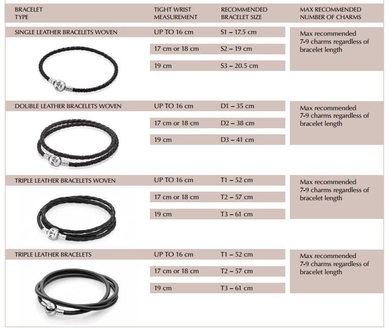 pandora leather bracelets size guidelines
